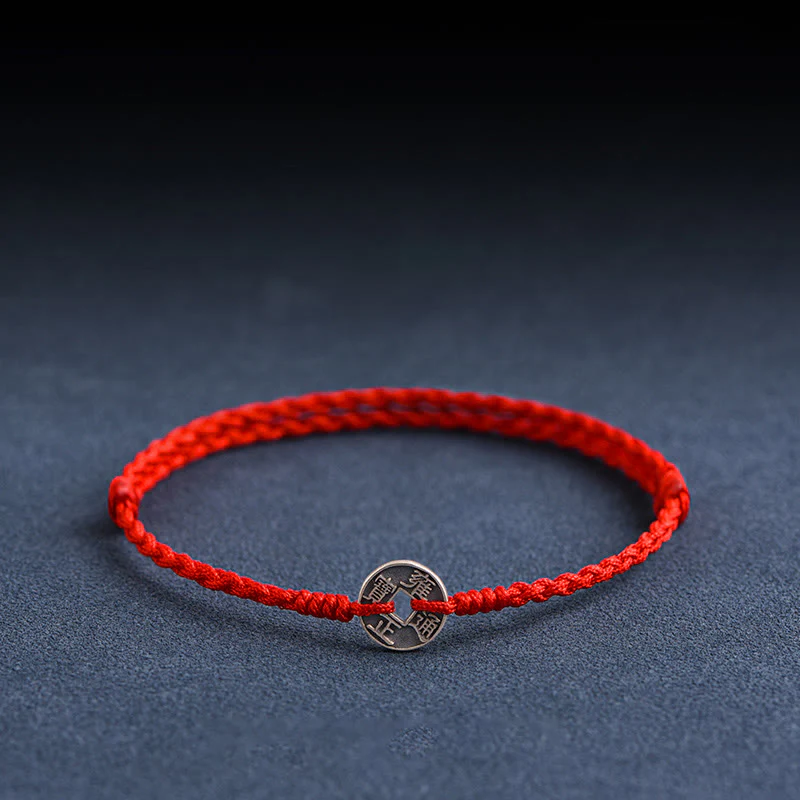 Mocoer 925 Sterling Silver Five Emperor Coins Red String Protection Luck Braided Bracelet Anklet - Mocoer
