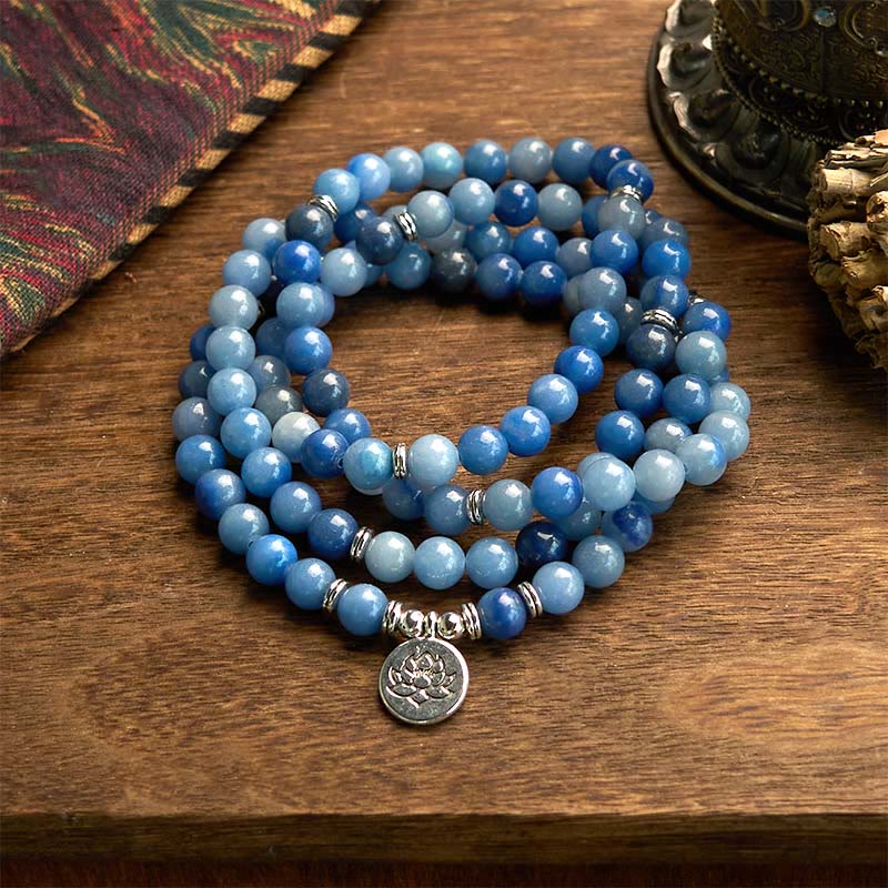Mocoer 108 Mala Beads Multi-layer Natural Blue Aventurine Lotus Calm Bracelet - Mocoer