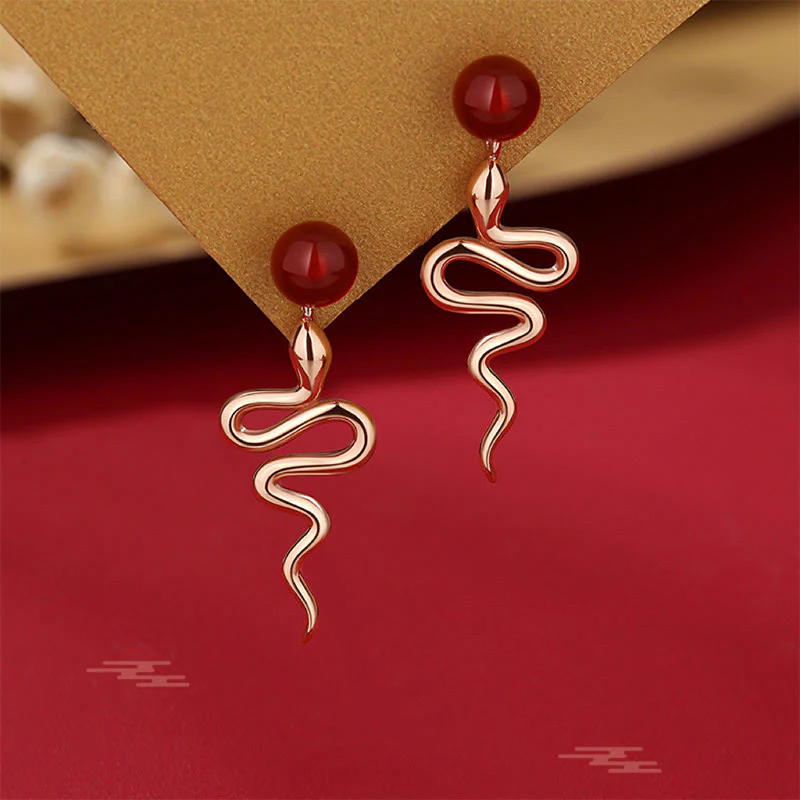 Mocoer 925 Sterling Silver Red Agate Chalcedony Year Of The Snake Blessing Earrings - Mocoer