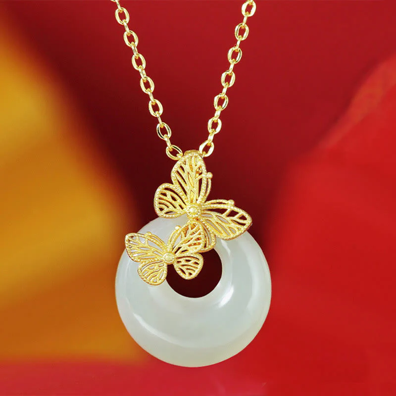 Mocoer 925 Sterling Silver Natural Hetian Jade Butterfly Prosperity Necklace Pendant - Mocoer