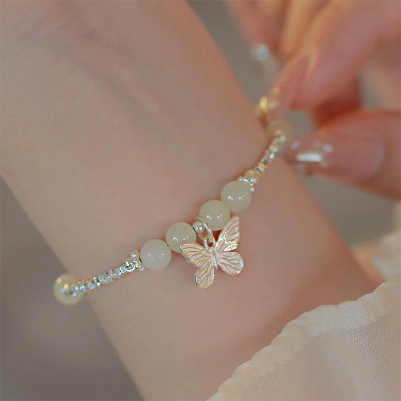 Mocoer 925 Sterling Silver Natural Hetian Jade Luck Butterfly Charm Bracelet - Mocoer