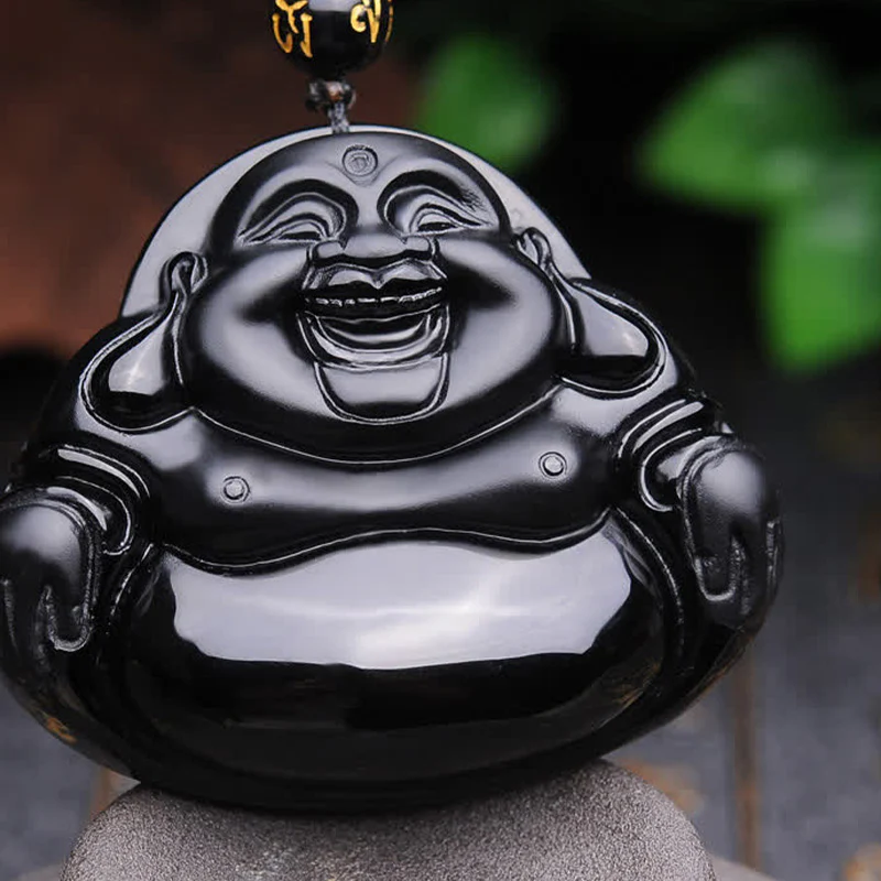 Mocoer Laughing Buddha Black Obsidian Transformation Pendant Necklace - Mocoer