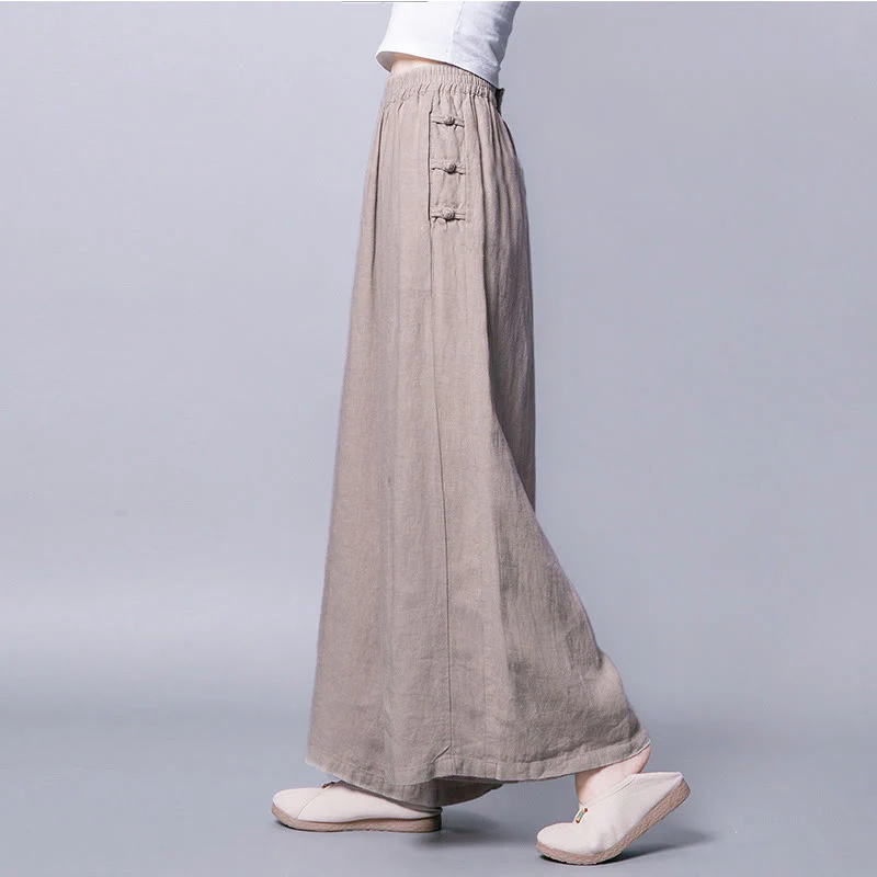 Mocoer Casual Cotton Frog-Button High Waist Wide Leg Pants With Pockets - Mocoer