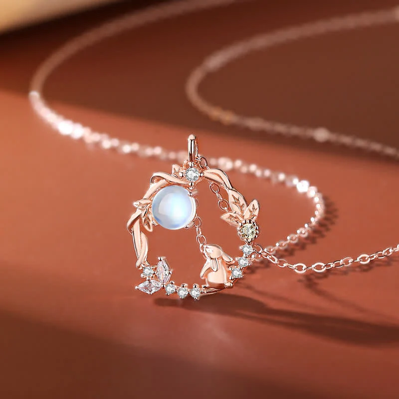 Mocoer 925 Sterling Silver Year of the Rabbit Moonstone Moon Flower Pattern Necklace Pendant Bracelet Earrings - Mocoer