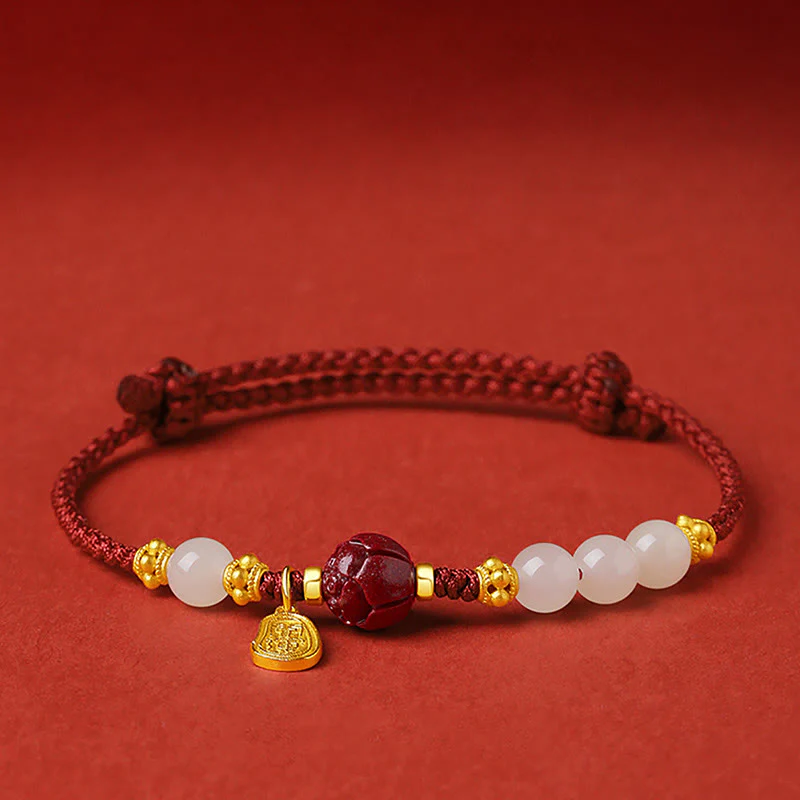 Mocoer 24K Gold Plated Hetian White Jade Cinnabar Lotus Luck Rope Bracelet - Mocoer