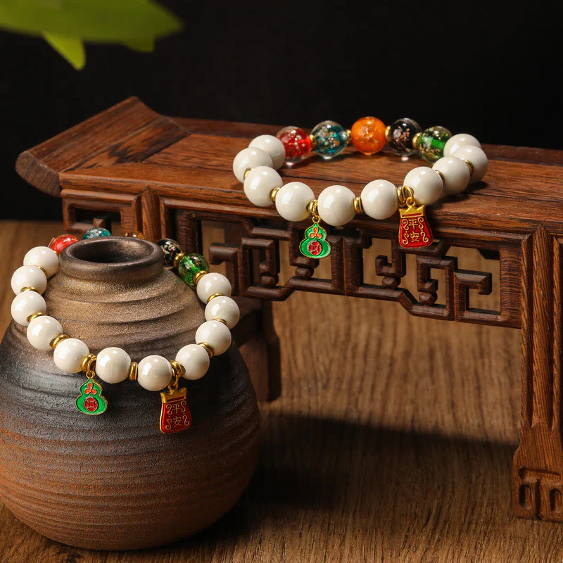 Mocoer Tibetan Incense Ash Porcelain Luminous Fluorescent Liuli Glass Bead Gourd Copper Coin Charm Peace Bracelet - Mocoer