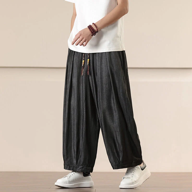 Mocoer Spring Solid Color Cotton Drawstring Men's Wide Leg Pants With Pockets - Mocoer