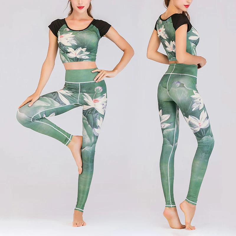Mocoer 2Pcs Lotus Phoenix Spring Flowers Peacock Print Top Pants Sports Fitness Yoga Women's Yoga Sets - Mocoer