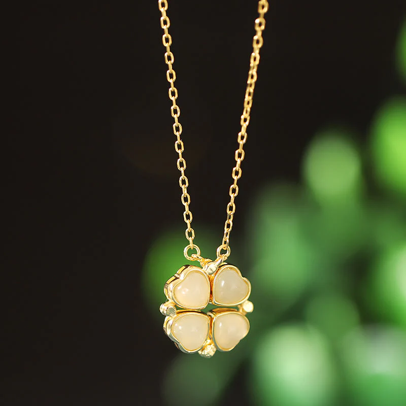 Mocoer 925 Sterling Silver Four Leaf Clover White Jade Red Agate Abundance Necklace Pendant - Mocoer