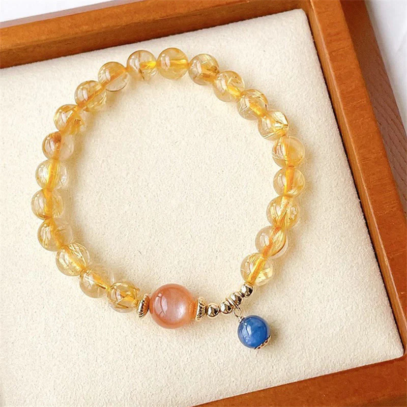 Mocoer Natural Gold Rutilated Quartz Sun Stone Kyanite Wealth Bracelet - Mocoer