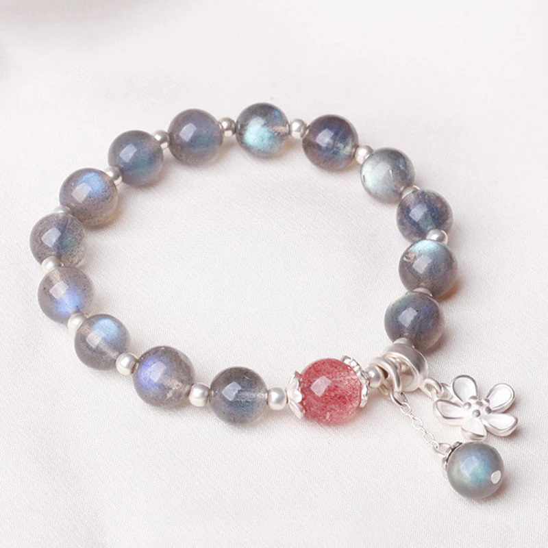 Mocoer Moonstone Strawberry Quartz Flower Healing Charm Bracelet - Mocoer