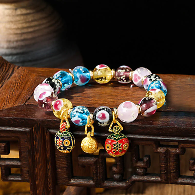 Mocoer Gold Swallowing Beast Family Pink Love Heart Luminous Fluorescent Liuli Glass Bead Bracelet - Mocoer