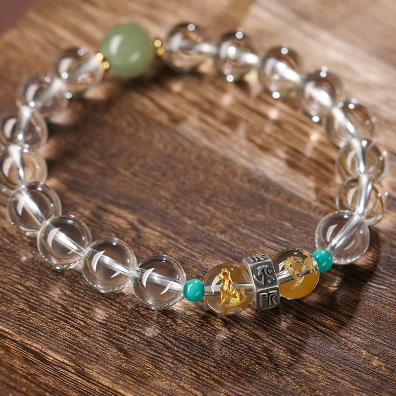 Mocoer 925 Sterling Silver Chinese Zodiac Natal Buddha Auspicious Groups White Crystal Hetian Jade Healing Bracelet - Mocoer