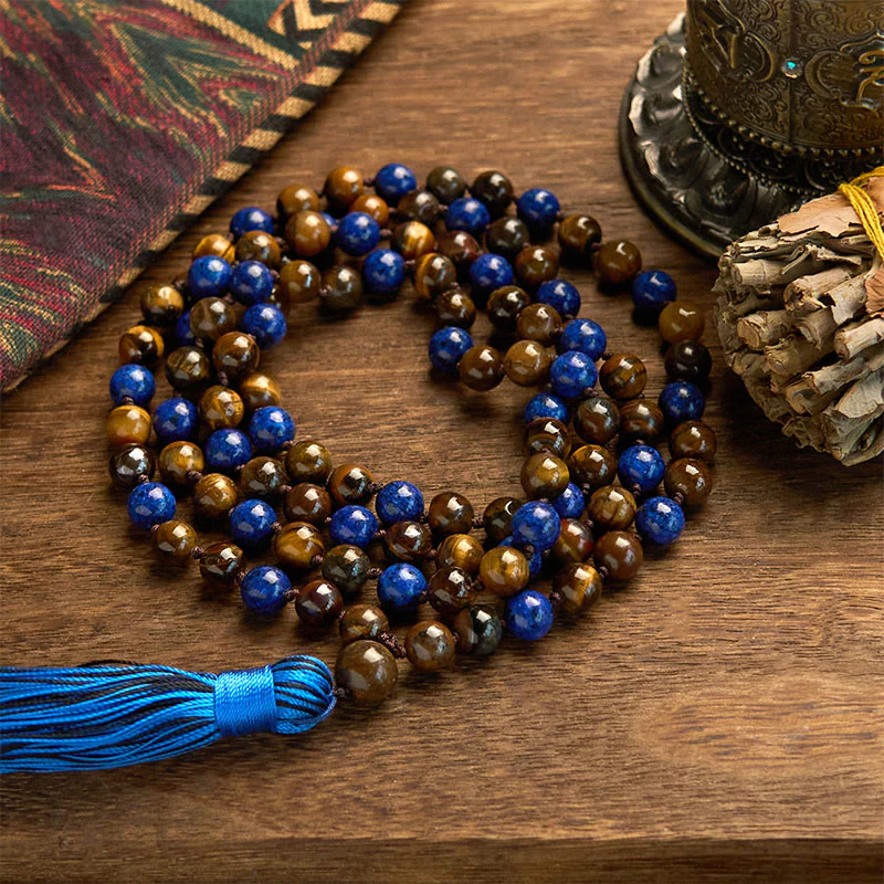 Mocoer 108 Beads Natural Stone Tiger Eye Lazurite Mala Tassel Protection Bracelet - Mocoer