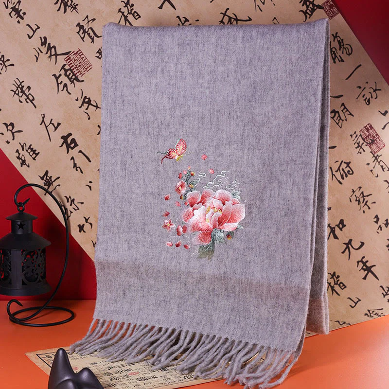 Mocoer Wool Shawl Pink Peony Butterfly Embroidery Tassel Winter Cozy Travel Scarf Wrap - Mocoer