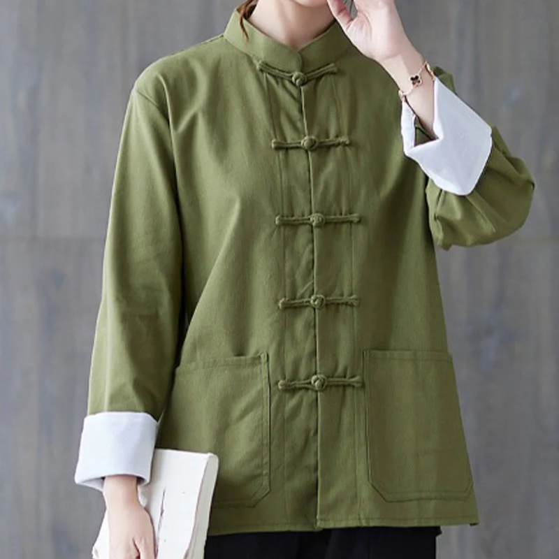 Mocoer Women's Frog-Button Long Sleeve Shirt Pants Meditation Cotton Linen Clothing - Mocoer
