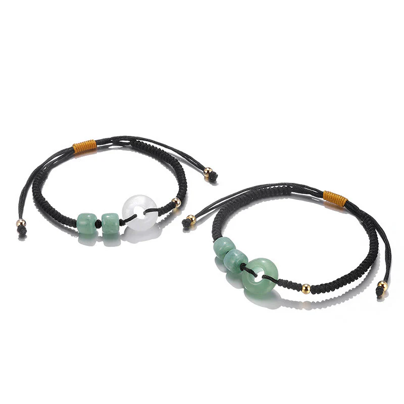 Mocoer 2Pcs Green Aventurine White Jade Peace Buckle Luck Braided Couple Bracelet - Mocoer