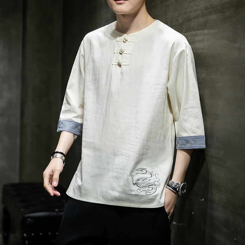 Mocoer Frog-Button Dragon Embroidery Chinese Tang Suit Three Quarter Sleeve Shirt Cotton Linen Men Clothing - Mocoer