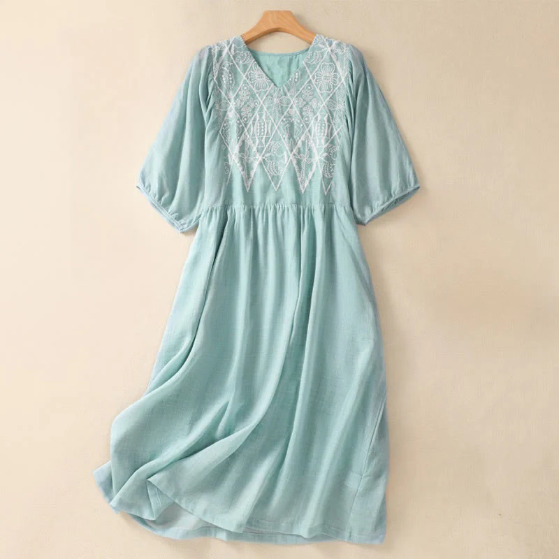 Mocoer Summer Casual Embroidery V-Neck Short Sleeve Midi Dress With Pockets - Mocoer