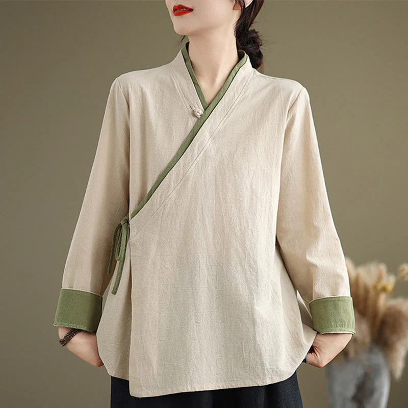 Mocoer Fall Solid Color Hanfu Long Sleeve Lace Up Women's Shirt - Mocoer