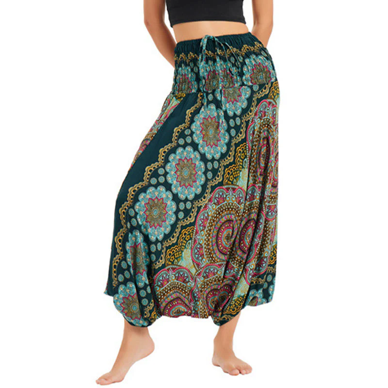 Mocoer Two Style Wear Mandala Flower Pattern Loose Smocked Harem Trousers Jumpsuit High Waist Pants - Mocoer