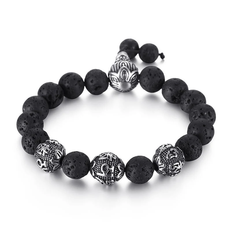 Mocoer Natural Tiger Eye Lava Rock Black Obsidian Titanium Steel Six-True-Words Om Mani Padme Hum Protection Bracelet - Mocoer