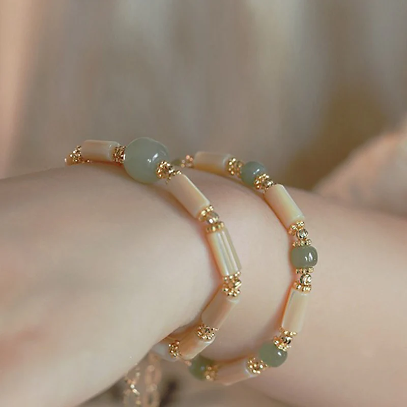 Mocoer 14K Gold Plated Tridacna Stone Hetian Jade Bead Bamboo Pattern Bracelet - Mocoer