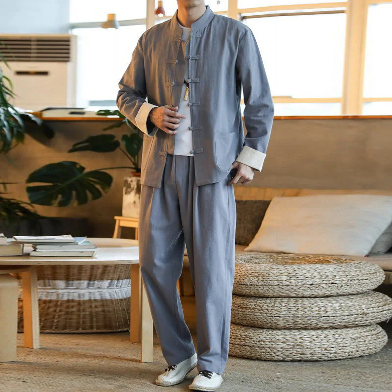 Mocoer 2Pcs Zen Tang Suit Men's Frog-Button Long Sleeve Shirt Pants Set With Pockets - Mocoer