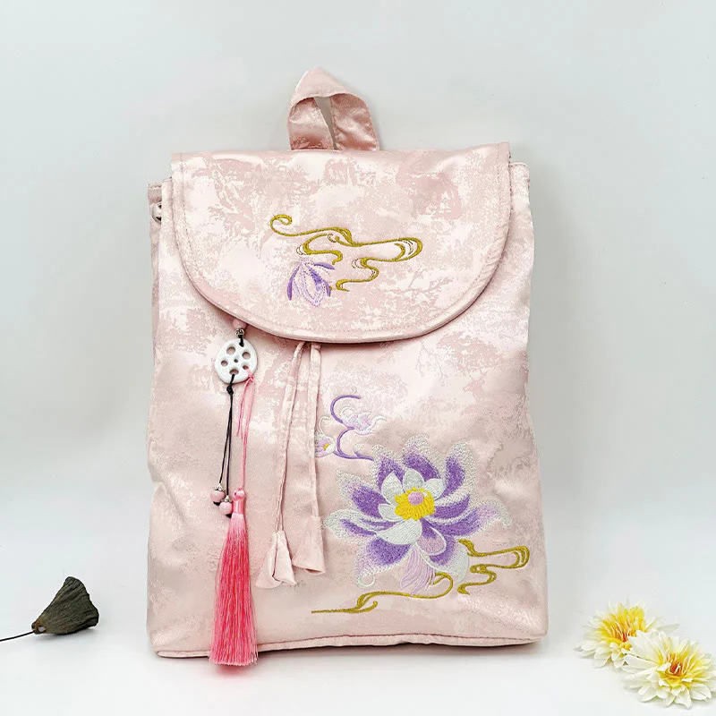 Mocoer Handmade Pink Lotus Embroidered Large Capacity Polyester Cotton Backpack - Mocoer