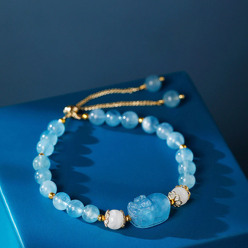 Mocoer Aquamarine Strawberry Quartz Amethyst Moonstone PiXiu Healing Bracelet - Mocoer