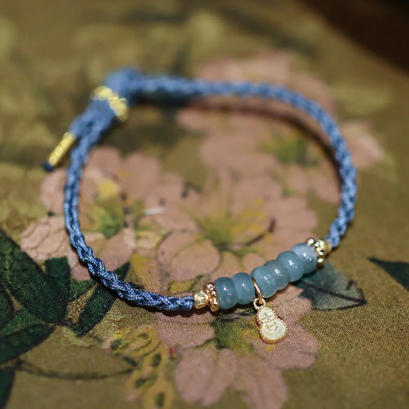 Mocoer 925 Sterling Silver Natural Jade Gourd Rutilated Quartz Fu Character Luck Braid Bracelet - Mocoer