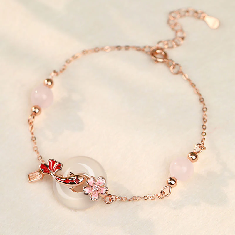 Mocoer Chalcedony Pink Crystal 925 Sterling Silver Flowers Koi Fish Peace Buckle Positive Bracelet - Mocoer