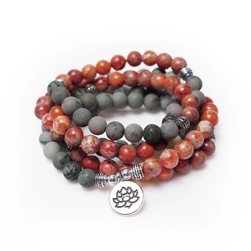 Mocoer 108 Mala Beads Natural Stone Sea Sediment Jasper Lotus Protection Bracelet - Mocoer