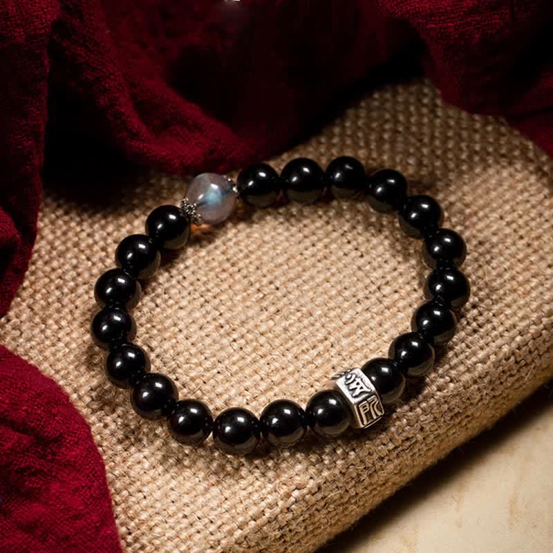Mocoer Chinese Zodiac Natal Buddha 925 Sterling Silver Black Obsidian Moonstone Strength Bracelet - Mocoer