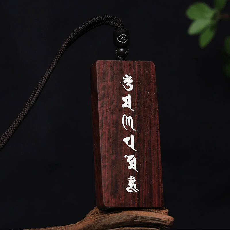 Mocoer 999 Sterling Silver Small Leaf Red Sandalwood Ebony Wood Om Mani Padme Hum Inlaid Protection Necklace Pendant - Mocoer