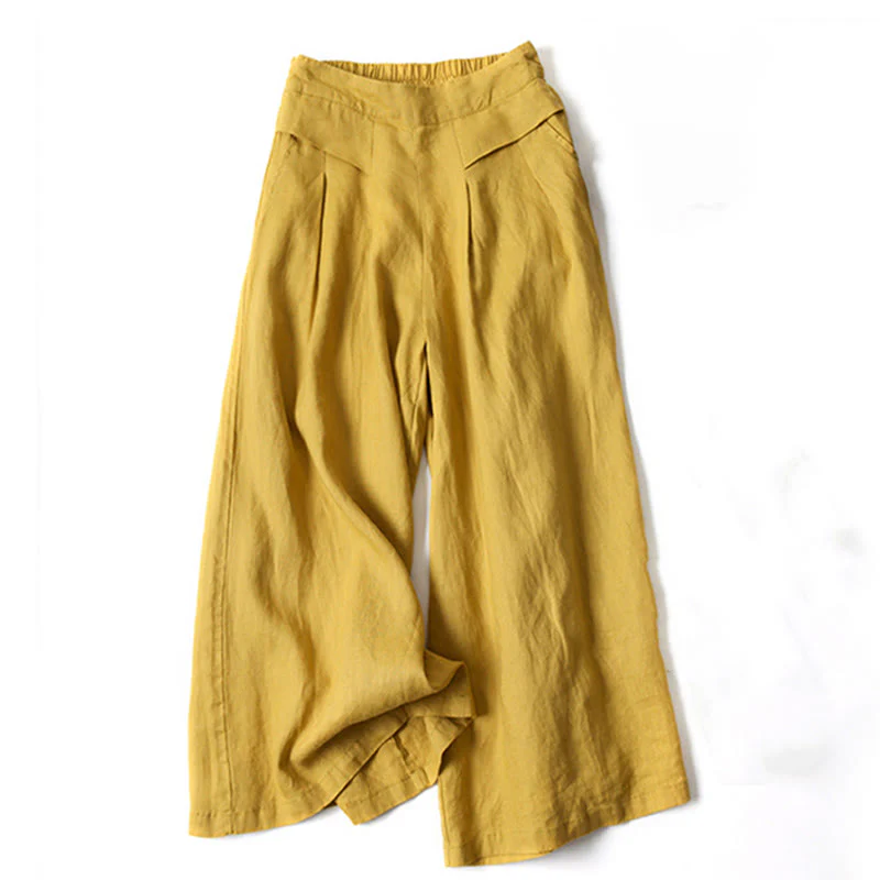 Mocoer Plain Color Cotton Linen High Waist Wide Leg Pants With Pockets - Mocoer