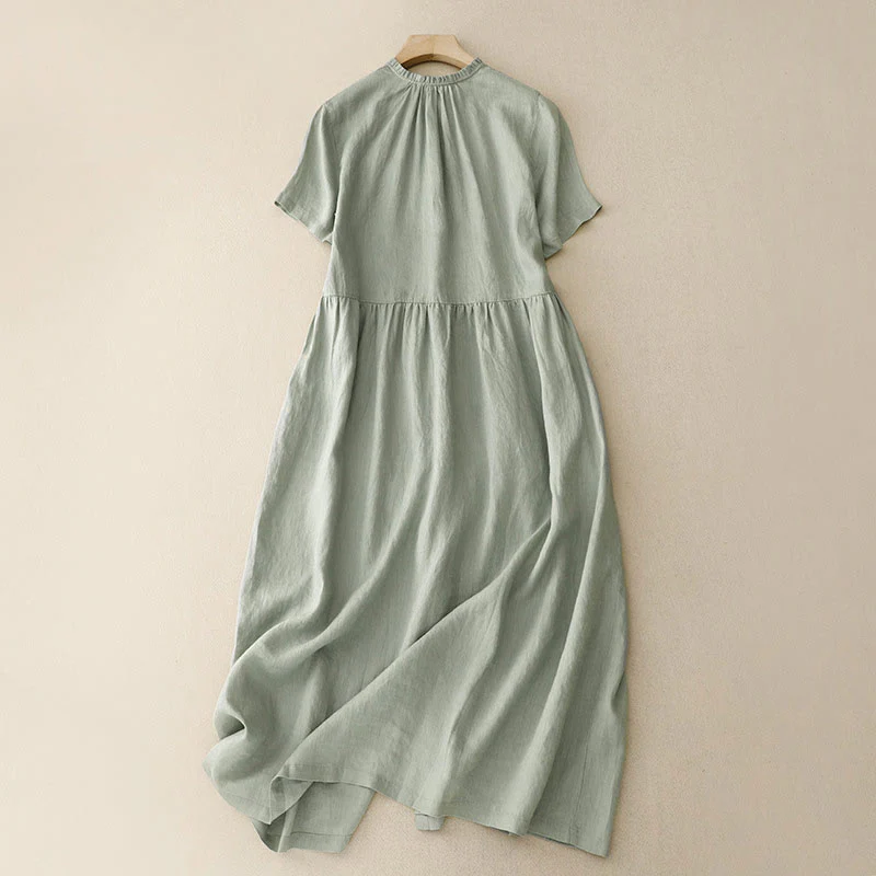 Mocoer Casual Plain Button Crew Ruffle Neck Short Sleeve Cotton Linen Women's Maxi Dress With Pockets - Mocoer