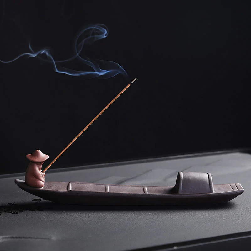 Mocoer Fisherman Boat Purple Clay Peace Healing Ceramic Stick Incense Burner Decoration - Mocoer