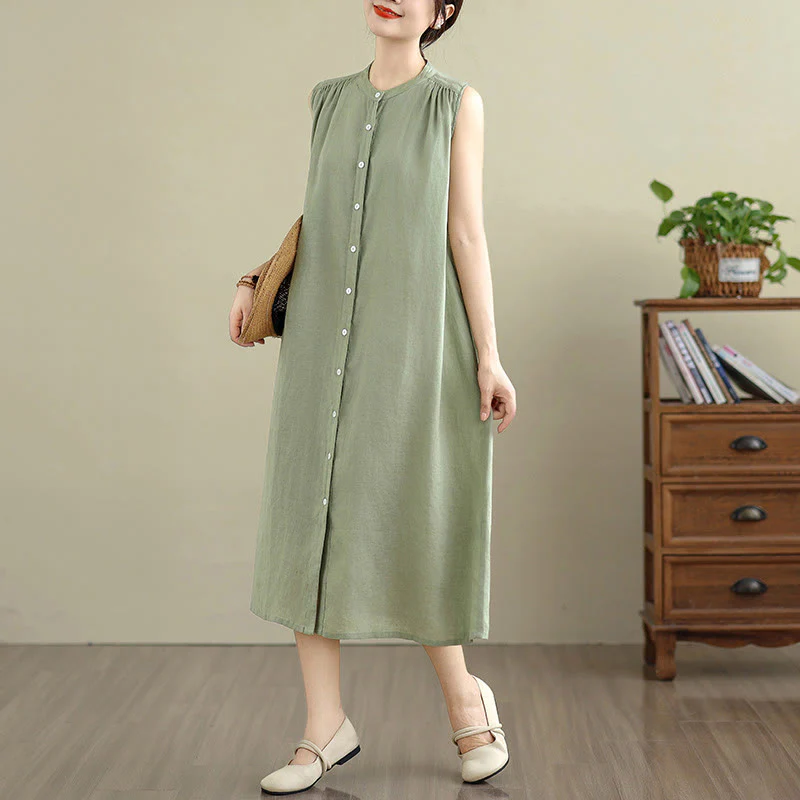 Mocoer Plain Single Breasted Pleated Design Sleeveless Cotton Linen Midi Dress - Mocoer
