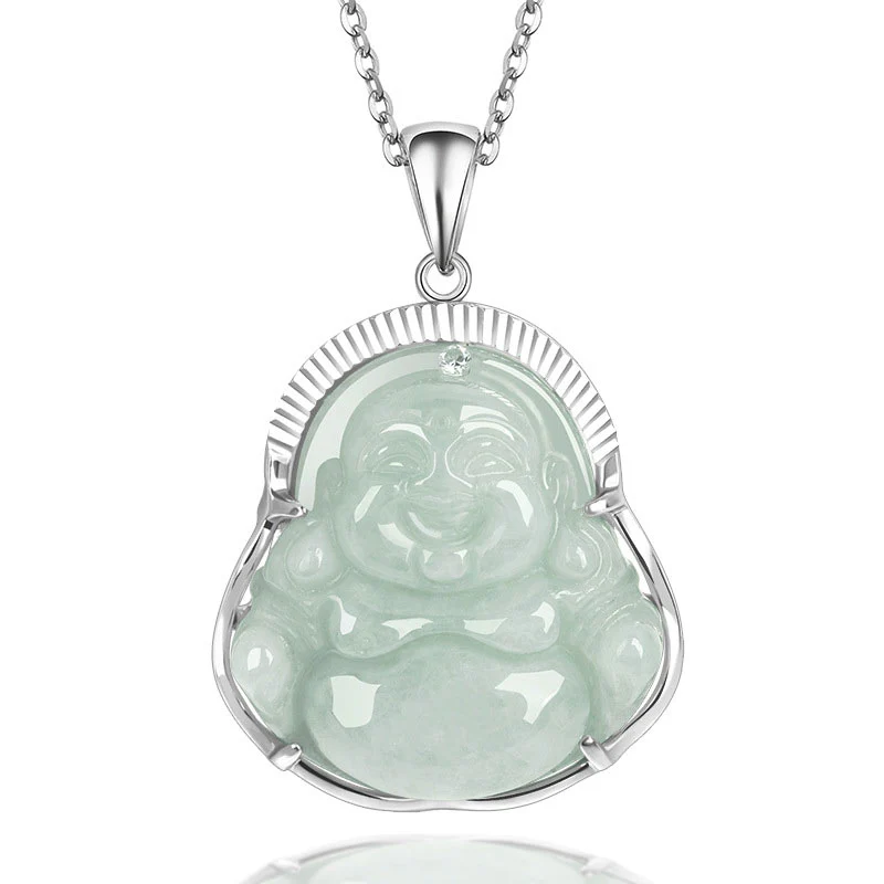 Mocoer 925 Sterling Silver Laughing Buddha Jade Luck Calm Necklace Chain Pendant - Mocoer