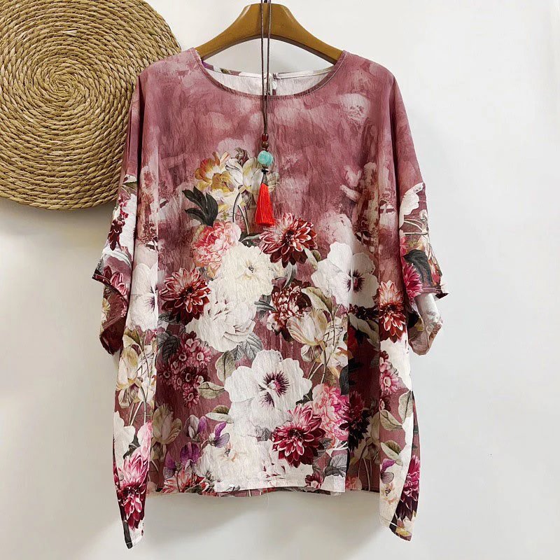 Mocoer Casual Printed Various Petals Dahlia Peony Women's Crew Neck Design Half Sleeve Polyester T-shirt - Mocoer