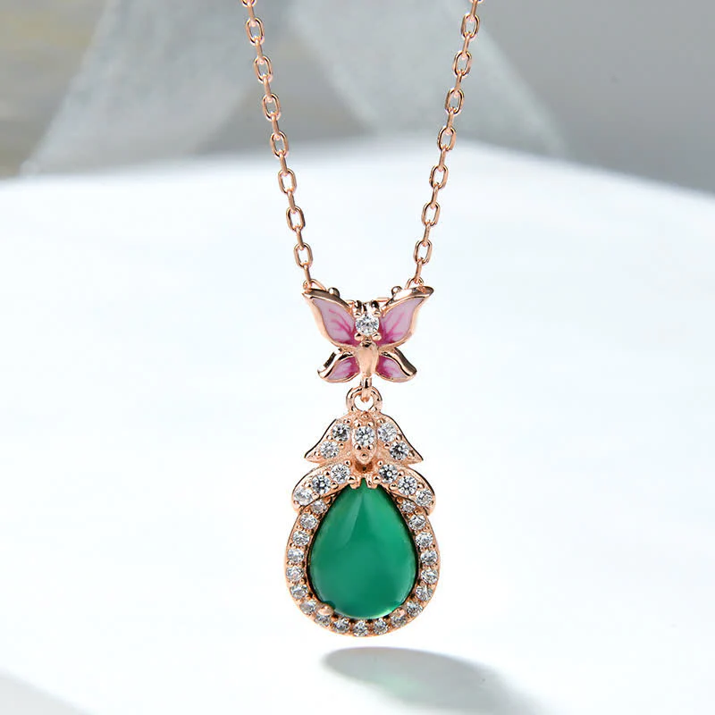 Mocoer 925 Sterling Silver Green Chalcedony Butterfly Zircon Courage Necklace Pendant - Mocoer
