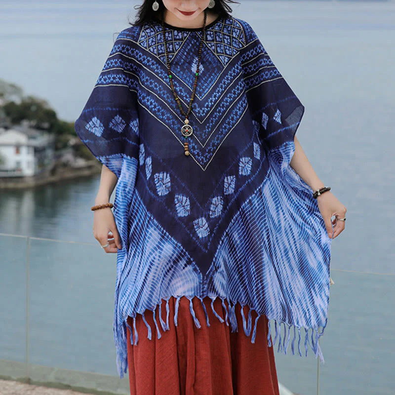 Mocoer Blue Triangle Stripes Batik Shawl Soft Pullover 90*95cm - Mocoer