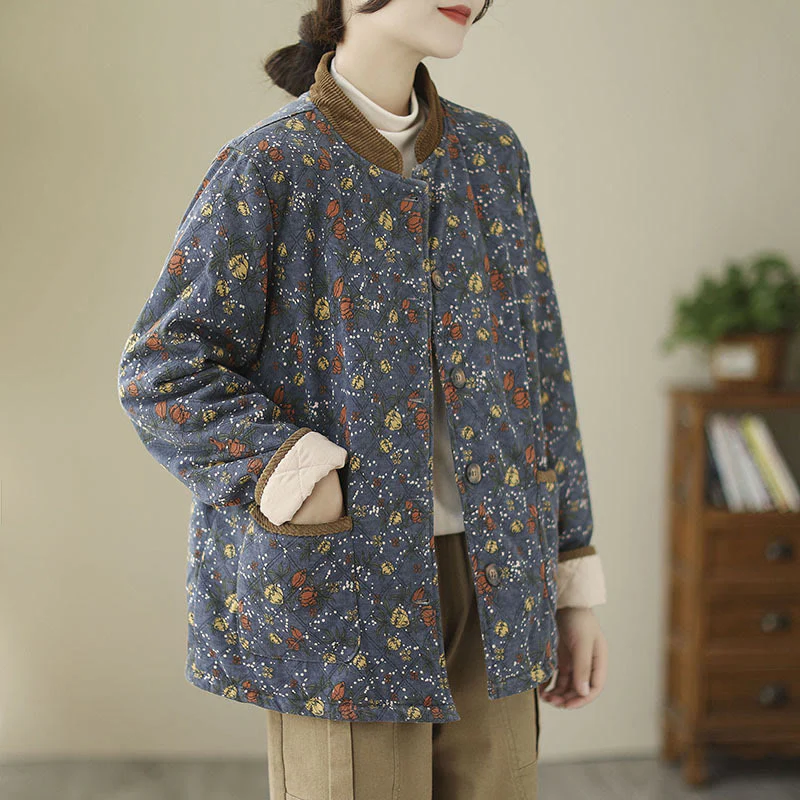 Mocoer Winter Floral Plaid Warm Long Sleeve Cotton Jacket With Pockets - Mocoer