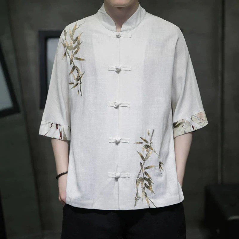 Mocoer Men's Frog-Button Bamboo Linen Half Sleeve Shirt - Mocoer