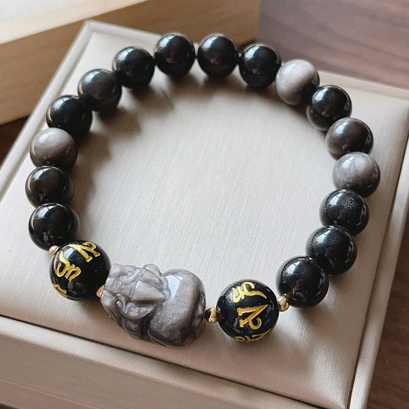 Mocoer Natural Silver Sheen Obsidian Black Obsidian Om Mani Padme Hum Pixiu Protection Bracelet - Mocoer