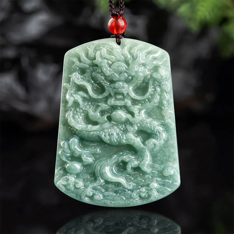 Mocoer Natural Jade Chinese Zodiac Dragon Sea Luck String Necklace Pendant - Mocoer