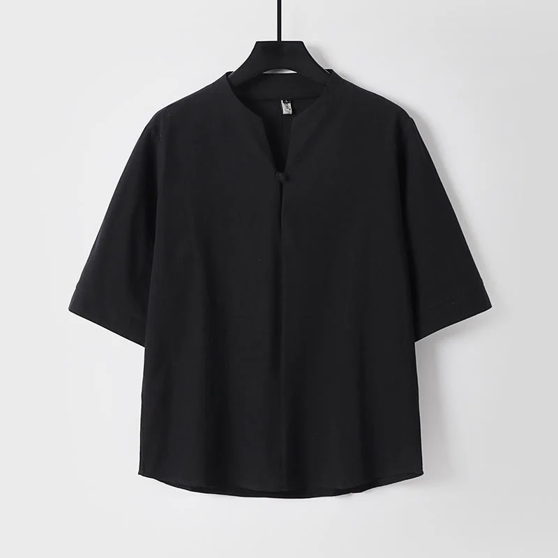 Mocoer Plain Color Three Quarter Sleeve One Button Cotton Linen Men's Shirt - Mocoer