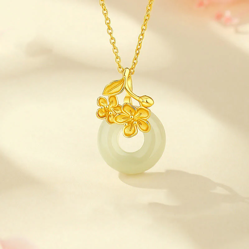 Mocoer Hetian Jade 999 Sterling Silver Peace Buckle Peach Blossom Necklace Pendant - Mocoer