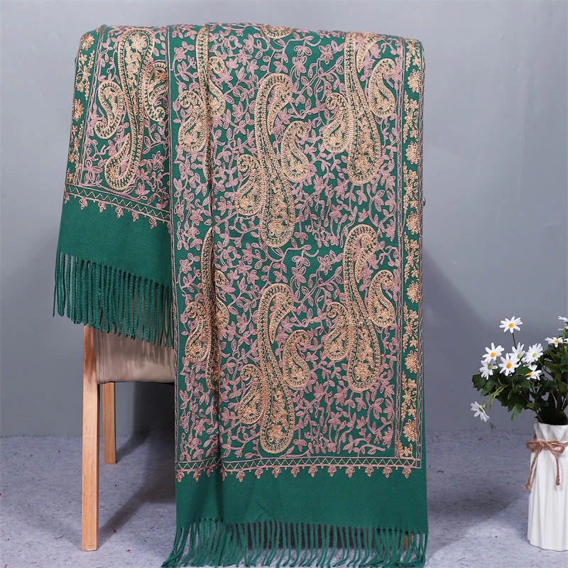Mocoer Rayon Fabric Shawl Golden Cashew Flowers Embroidery Tassel Winter Cozy Travel Scarf Wrap - Mocoer